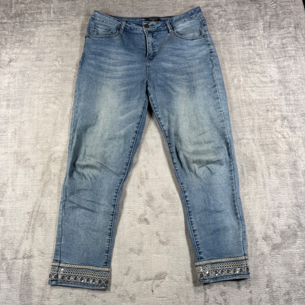 Simon Chang Jeans Women 10 Blue Denim Sequin Cuffs Embroidered Hem Straight Leg